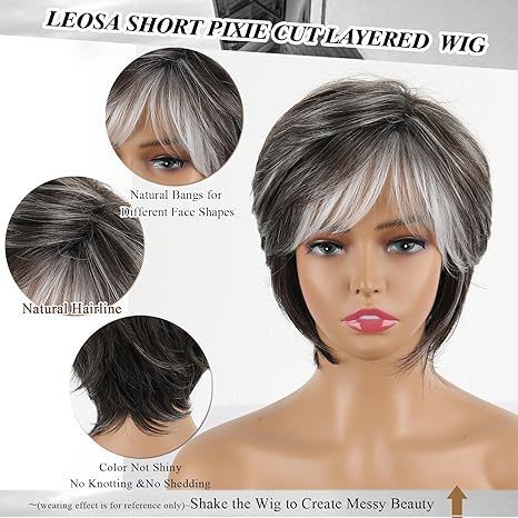 Synthetic Clip-in New Wigs Ladies Black And White Mixed Color Side Parted Short Straight Hair Wigs_voghion.com
