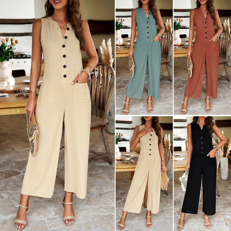 Diyun Women's Fashion 2024 Spring Summer Elegant Solid Color Buttoned Jumpsuit Pants_voghion.com