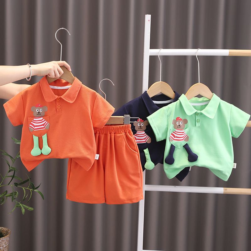 Ensemble deux pièces pour garçons, short à manches courtes, ours de poche, dessin animé, à la mode, pour bébé, nouvelle collection été 2024_voghion.com