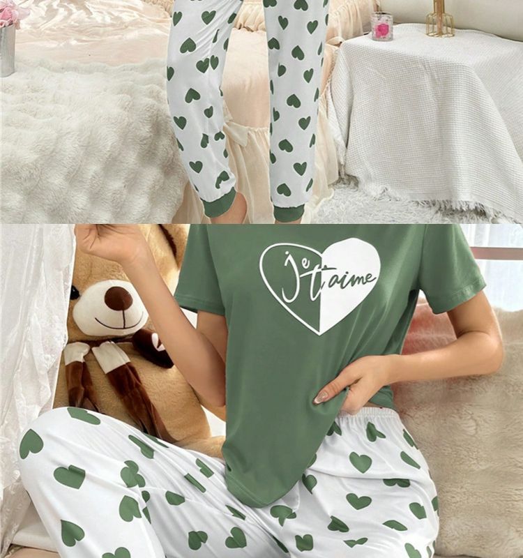 Conjunto de pijama de talla grande para mujer, ropa de estar por casa, estampado en forma de corazón, conjunto de pantalón y camiseta de manga corta, ajustado, informal y cómodo._voghion.com
