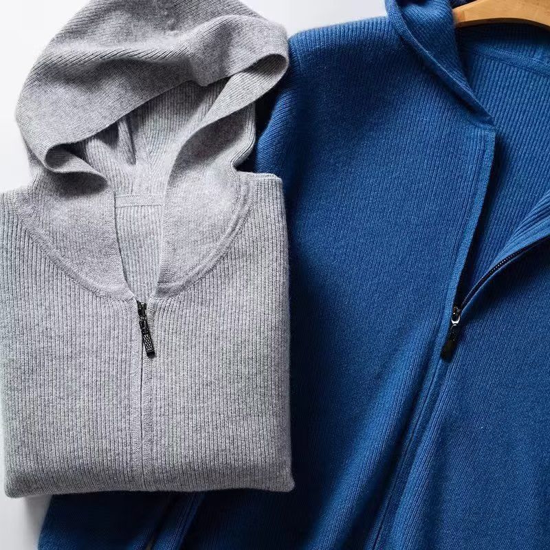Men's Cashmere Hooded Cardigan – Soft Knit Zipper Sweater (Light Blue/Black/Grey/Dark Blue, Sizes M-3XL)_voghion.com