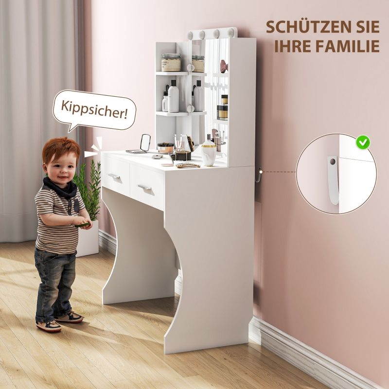 Lámpara LED Schminktisch Mit Spiegel Und Dimmbaren, Schubladen Und Regalen, Weiß_voghion.com