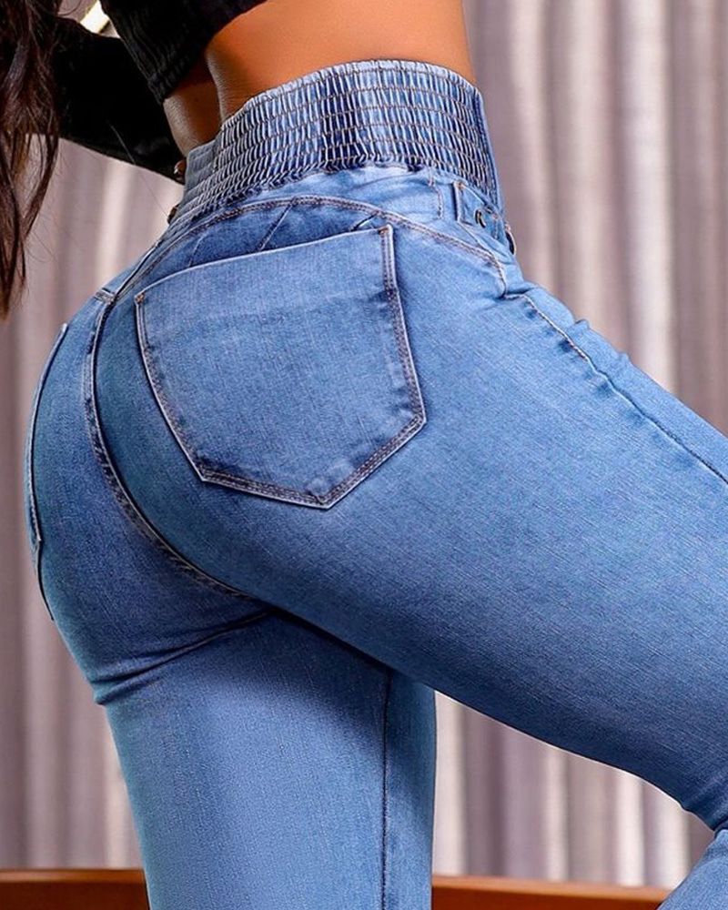 Women's Clothing Elastic Waist High Waist Button Stretch Tight Flared Denim Trousers_voghion.com