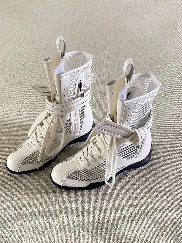 Women Boxing Boots Instant Dispatch ~ Niche Design Thin Mesh For Women Summer Outdoor Wear Height Increasing Boxing Boots Lace-Up Hollow_voghion.com