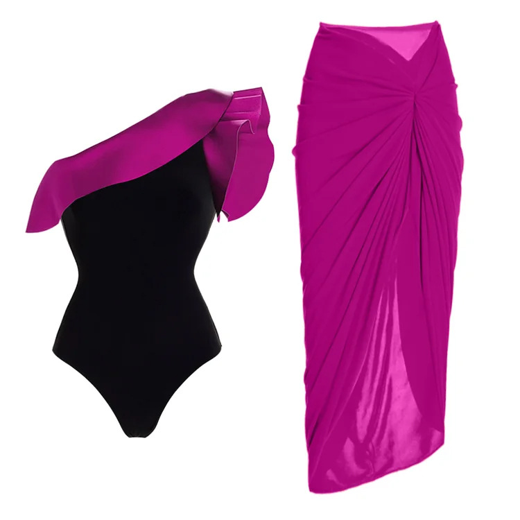 Maillot de bain une pièce à volants pour femmes, asymétrique épaule dénudée, couleur contrastée, rétro, costume pour femmes_voghion.com