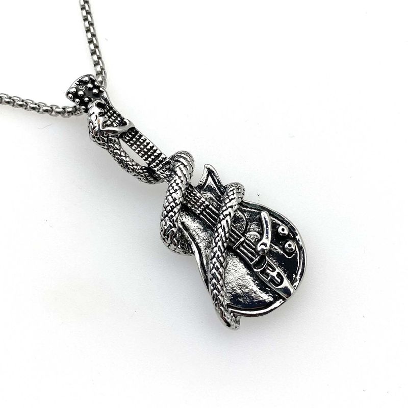 2025 Titanium Steel Precision Casting European And American Punk Hip-hop Style Men, Stainless Steel Snake Wrap Guitar Old Pendant Necklace_voghion.com