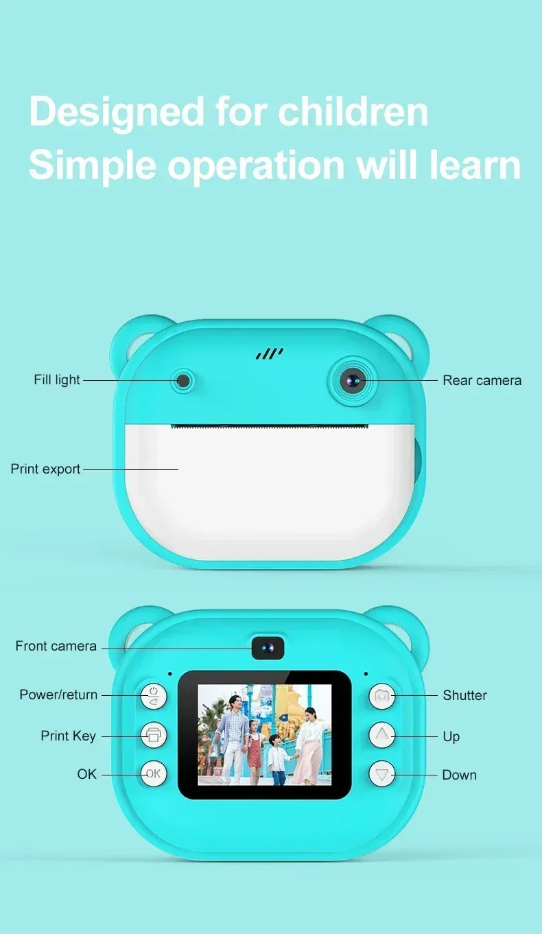Câmera digital infantil com impressão instantânea para crianças, câmera térmica com impressão instantânea de fotos, câmera de vídeo e brinquedos + cartão de memória de 32 GB_voghion.com