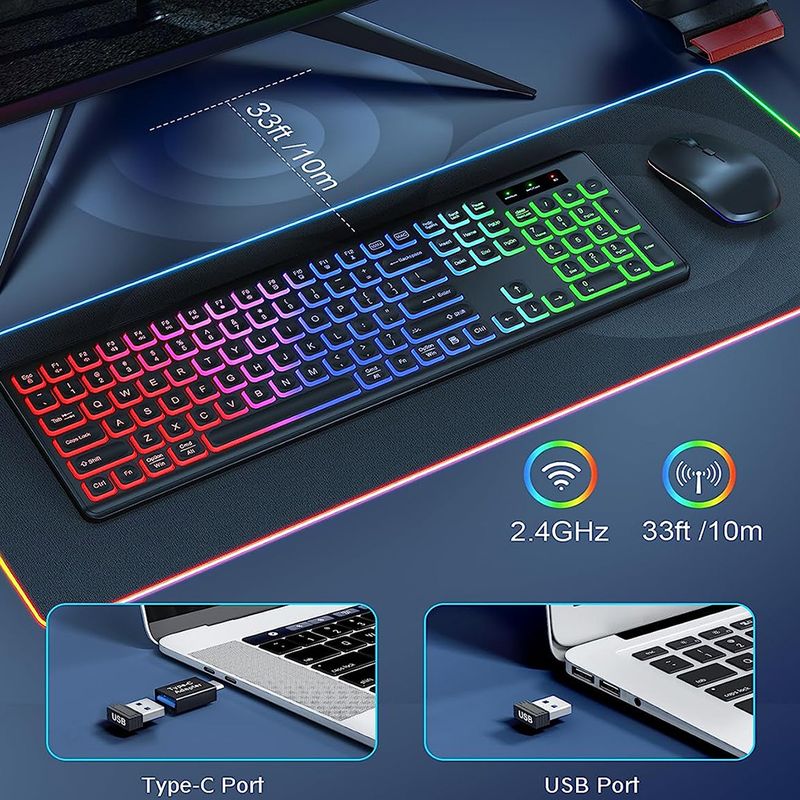 Wireless Keyboard And Mouse Combo RGB Backlit, Rechargeable Light Up Letters, Full-Size, Ergonomic, Sleep Mode, 2.4GHz_voghion.com