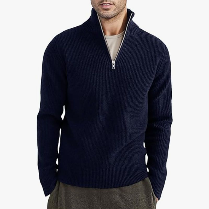 Suéter masculino de malha de inverno com gola de meio zíper - Pulôver grosso e quente, corte slim, lavável à máquina (cáqui/branco/cinza/preto/marrom)_voghion.com