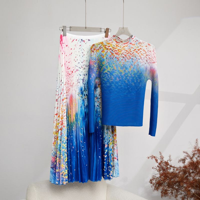 Women's Clothing Fashion suit women's skirt autumn san house + pleated T shirt top skirt casual temperament two piece suit_voghion.com