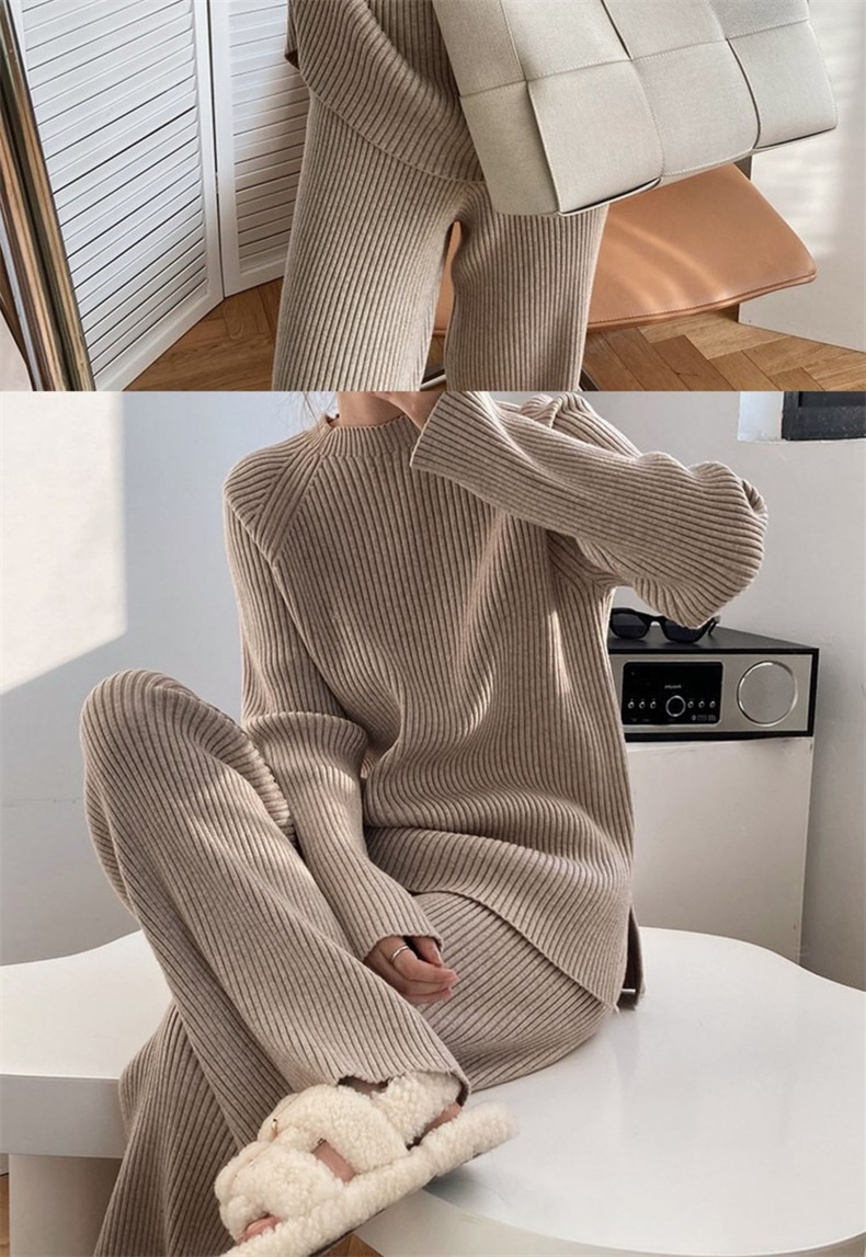 Damen-Set mit lockerem Strickpullover – Oberteil mit Schlitz und Hose mit weitem Bein (Gräulich/Kamel/Blau/Schwarz/Braun/Khaki, Einheitsgröße)_voghion.com