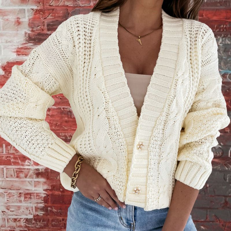 Cardigan lavorato a maglia con bottoni e scollo a V, spesso, con uncinetto fritto, autunno e inverno 2024, nuovo cappotto casual da donna_voghion.com