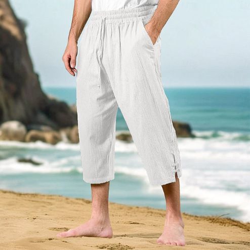 Men's Cotton Linen Cropped Trousers - Summer Casual Beach Pants With Drawstring Waist & Multiple Pockets | Lightweight Breathable Short Pants_voghion.com