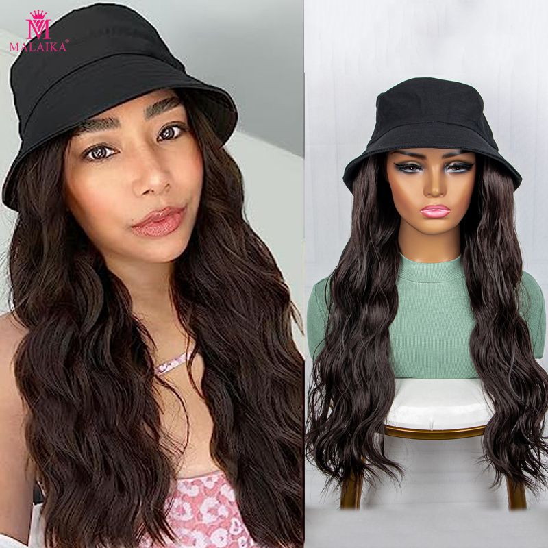 Hat Wig for Women Synthetic Long Water Wave Bucket Hat Wig with Hair Extensions Attached for Women Girl_voghion.com