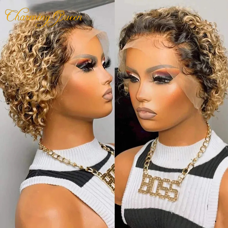 Pixie-Schnitt-Perücke, Echthaar, 1B/27, T-Farbe, lockige Lace-Front-Perücken, Ombre-Honigblond, lockige, kurze Bob-Perücke_voghion.com