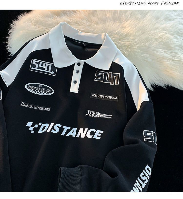 Sudadera con capucha retro americana para hombre, camisa polo de marca de moda, traje de carreras con solapa de manga larga, top de tendencia, primavera y otoño 2024_voghion.com