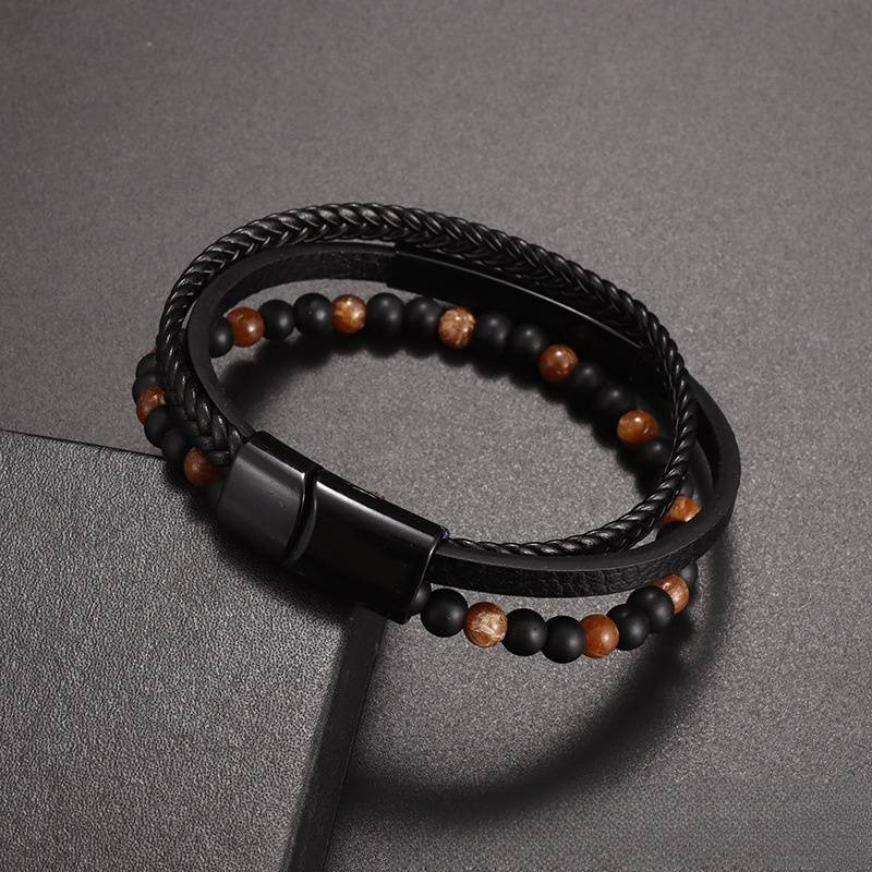 Klassieke magnetische gesp polsband armband heren natuursteen kralen leren armband meerlaagse touw sieraden_voghion.com