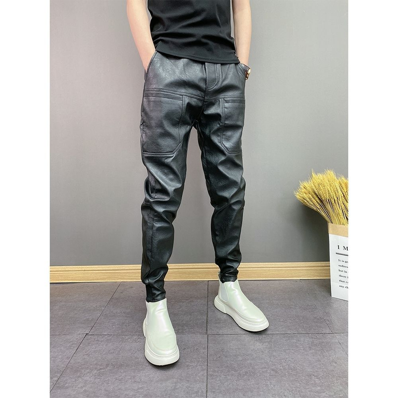 Trendige Stretchhose aus PU-Leder für Herren, wind- und wasserdicht, sechs Taschen, einfarbig, schöne Freizeithose mit Bündchen_voghion.com