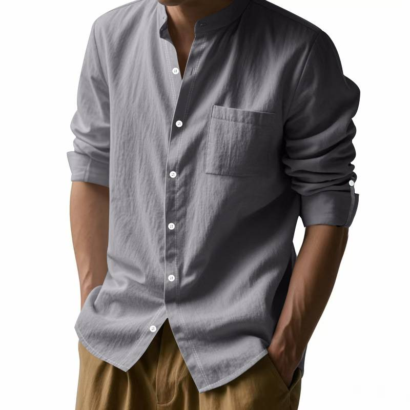 Camicia in lino monopetto a maniche lunghe con colletto alla coreana da uomo, colore puro, moda 2025, S-3XL_voghion.com