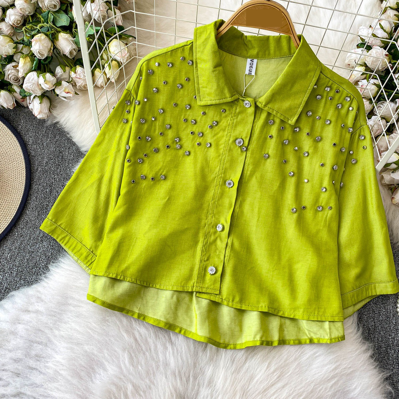 Luxe blouse met versieringen voor dames, statement revers, top met halflange mouwen, 8 levendige kleuren (zwart/groen/rood/meer) voor op kantoor en een avondje uit_voghion.com