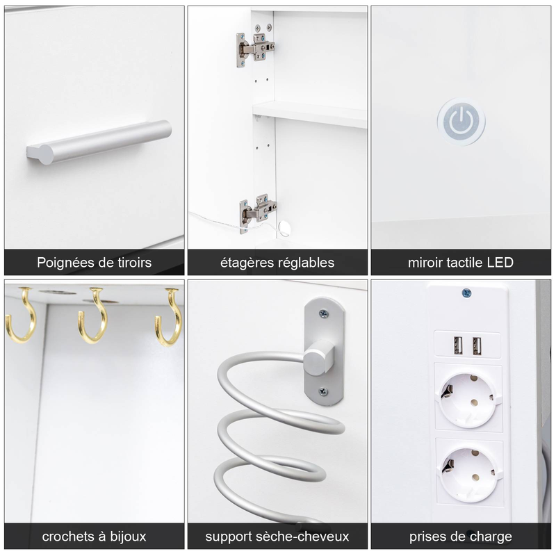 Modernes weißes Schminktisch-Set mit 3-farbigem LED-Spiegel und Steckdosen – Schminktisch mit 2 Schubladen, 4 Ablagen und Hocker, gehärtetem Glas, Haartrocknerhalter_voghion.com