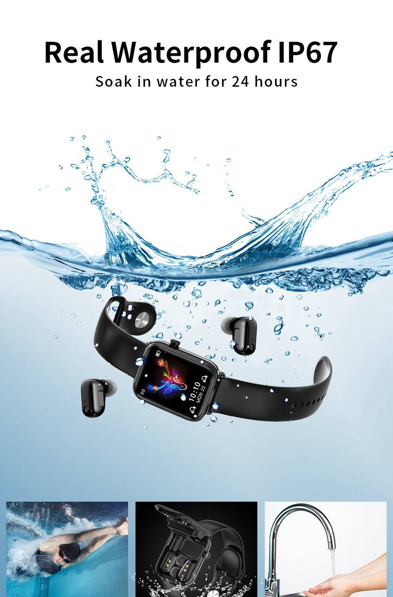 X8S Smart Watch With Built-in TWS Earbuds - Bluetooth Music, Heart Rate Monitor, Waterproof Fitness Tracker For Android, Black_voghion.com