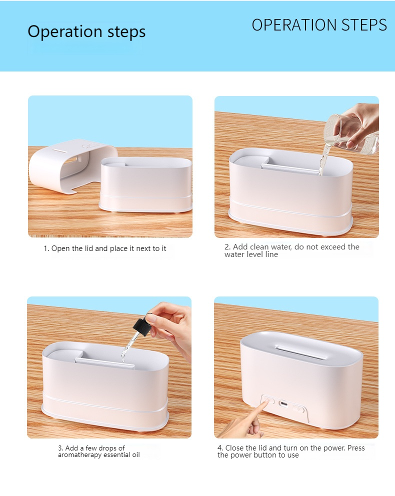 Aromadiffusor mit Flammeneffekt, 7-farbiger LED-Beleuchtung und dichtem Nebel – USB-betriebener, quadratischer Luftbefeuchter für Schlafzimmer/Büro, geräuschloser Ultraschallbetrieb_voghion.com