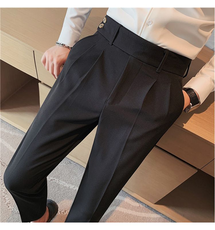 Pantaloni napoletani da uomo nuovi di zecca, in twill strutturato, con vita a pieghe, design casual a nove punte, vita media e alta_voghion.com