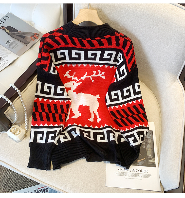 Petit cerf Jacquard rouge pull de noël femmes automne hiver nouveau tricot occidental ample et mince_voghion.com