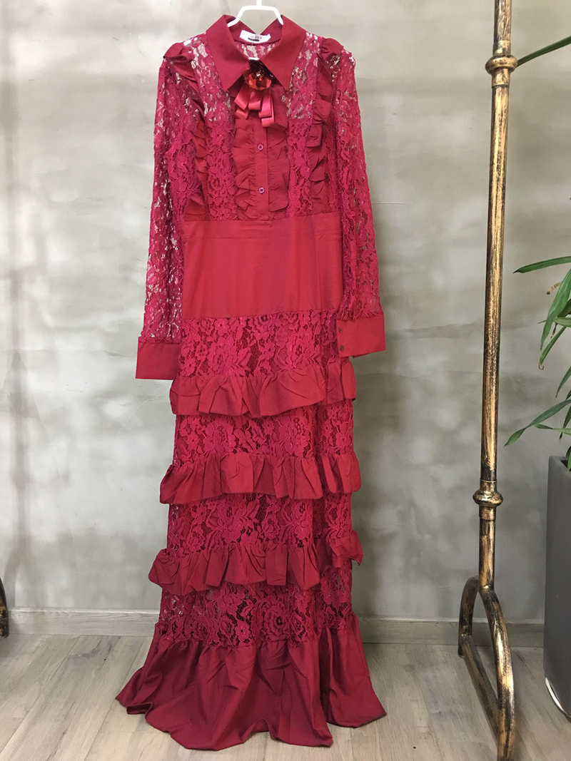 Camicia da donna casual alla moda in pizzo con colletto a maniche lunghe con orlo a forma di fungo, gonna lunga multistrato con gonna lunga con spilla_voghion.com