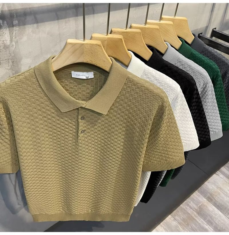 Herrenbekleidung Sommer New Ins Revers Kurzarm Poloshirt Herren Leichtes Luxus All Match Einfarbiges Kariertes Textur T-Shirt_voghion.com