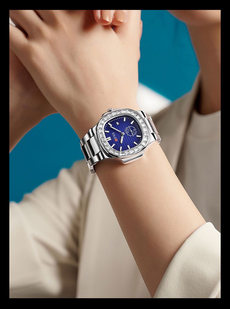 Women's Jewelry Stainless Steel Quartz Watch With Square Dial, Diamond Accents, Date Display, And 30M Water Resistance For Fashion Outdoor Activities_voghion.com