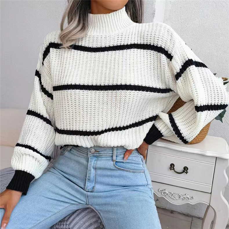 Suéter feminino casual listrado com manga lanterna e meia gola alta_voghion.com