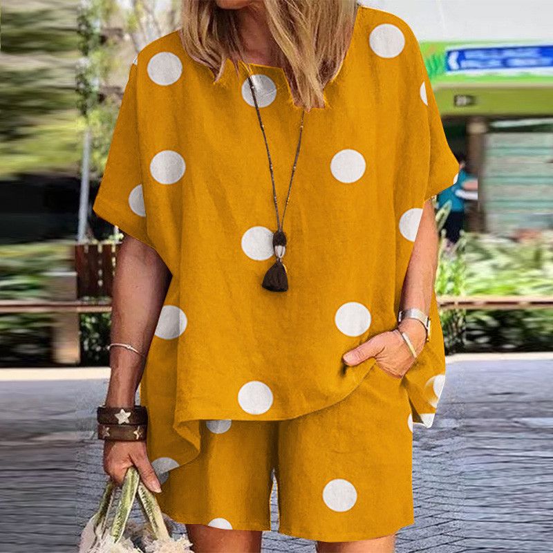 Frauen kleidung = polka dot print rundhals lose kurzarm shorts zwei-stück anzug_voghion.com