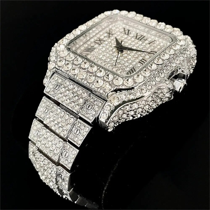 2023 Nieuwe Iced Horloge Herenmode Merk MISSFOX Automatische Datum Roestvrijstalen Klok Hip Hop Diamant Vierkant Goud_voghion.com