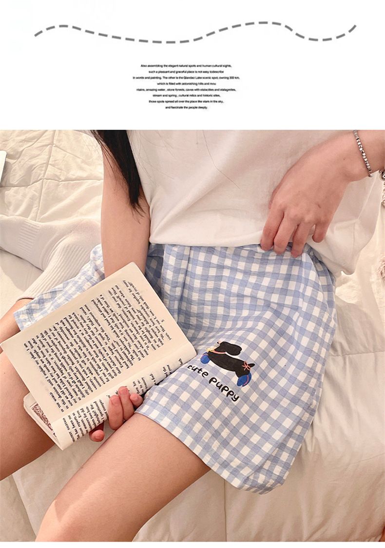 Summer Plaid Simple Pajama Pants Women's Summer Cloud Cotton Thin Beach Shorts Casual Home Pants--L_voghion.com