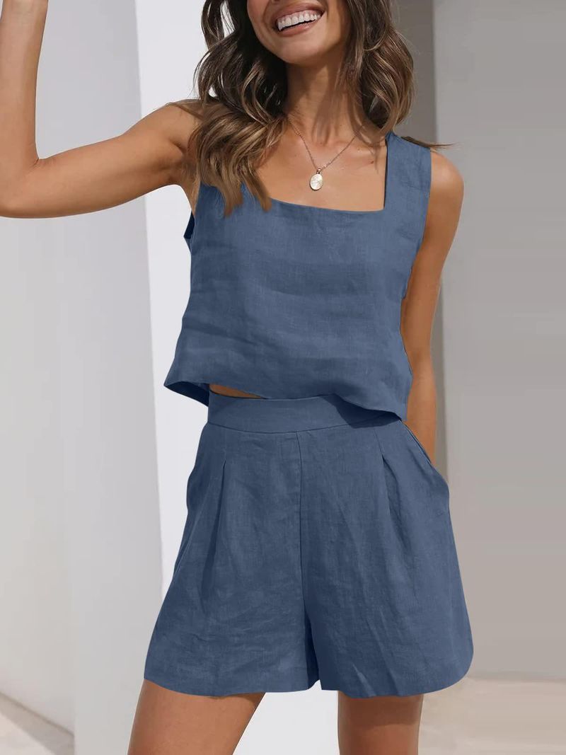 Abito casual da donna in 2 pezzi, pantaloncini di lino, gilet senza maniche_voghion.com