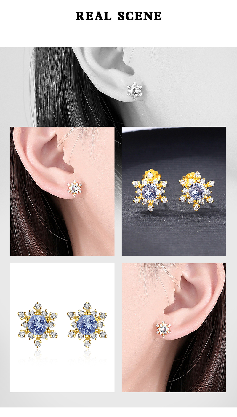 Elegant Synthetic Blue Gemstone Sterling Silver Snowflake Stud Earrings Cubic Zirconia 14k Plated_voghion.com