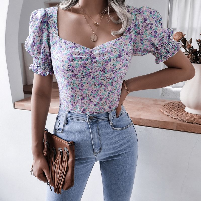 Summer New Casual Lantern Sleeve Square Neck Sexy Fragmented Chiffon Top Women's Wear_voghion.com