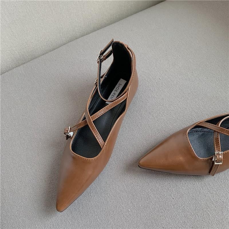 2024 nieuwe kleine dikke kruispuntige lage hak ondiepe mond gespband enkele schoen lente Franse damesschoenen_voghion.com