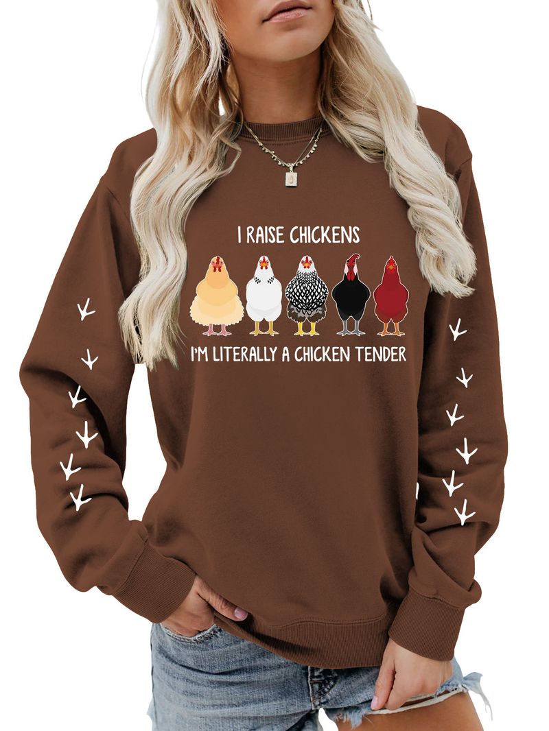 Felpa con stampa scozzese a maniche lunghe e girocollo, divertente e divertente, con scritta "I Raise Chickens" in autunno e inverno_voghion.com