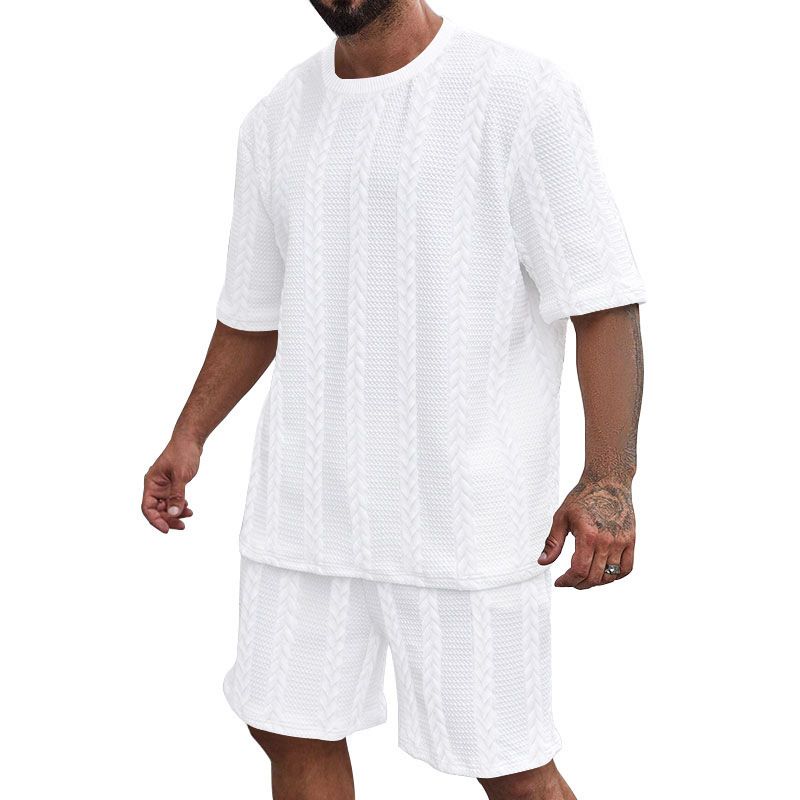24 Strick-Set aus einfarbigem Jacquard, Sommer, lässig, Rundhalsausschnitt, Pullover, Kurzarm, Shorts, Sport-Set für Herren_voghion.com