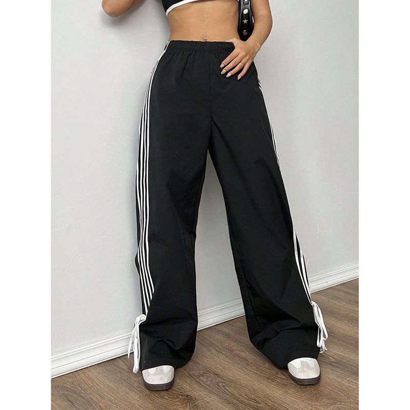 Women's High Waist Casual Jogger Pants With Contrast Stripes - Loose Fit Wide Leg Lounge Pants For Spring, Comfortable Polyester Trousers_voghion.com