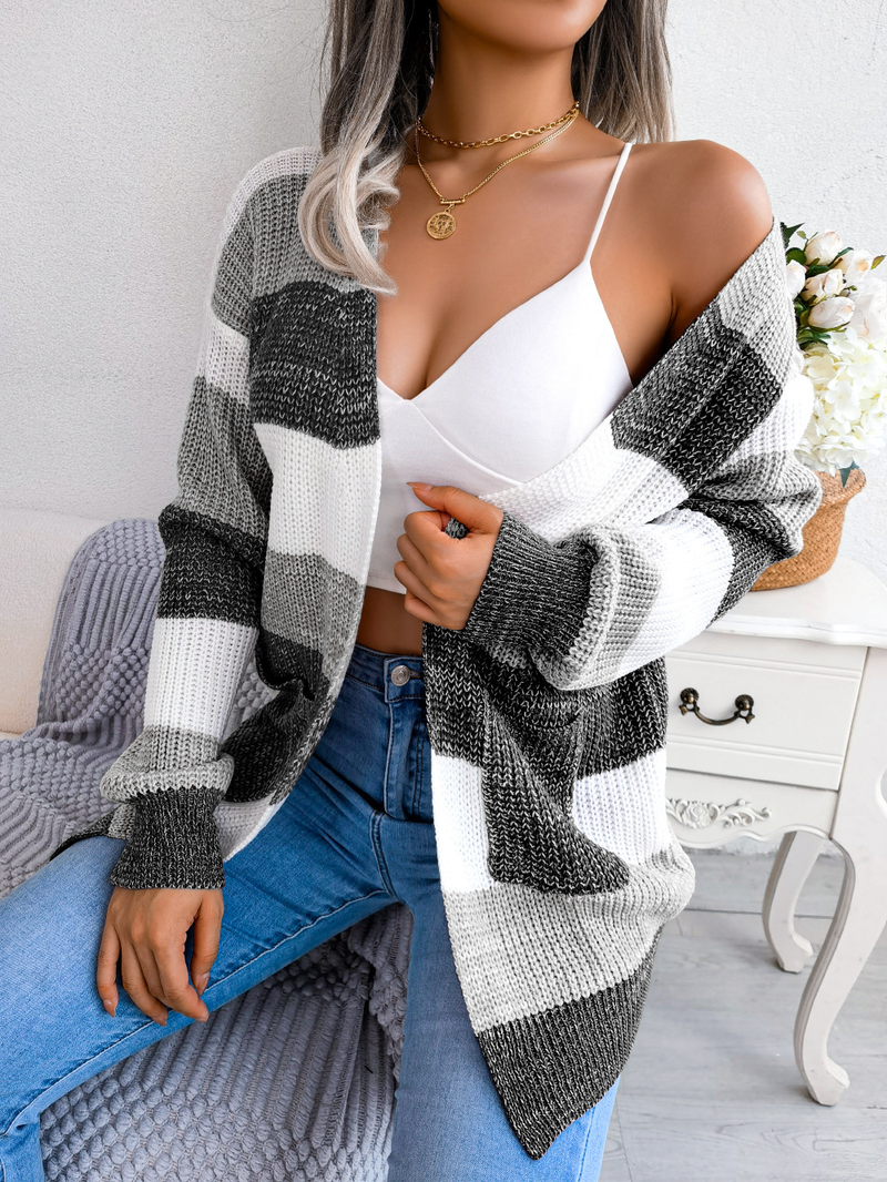 Cárdigan de manga larga abullonada con bloques de colores a rayas para mujer, suéter de punto ligero, holgado, informal, con frente abierto, abrigo, prendas de vestir exteriores_voghion.com