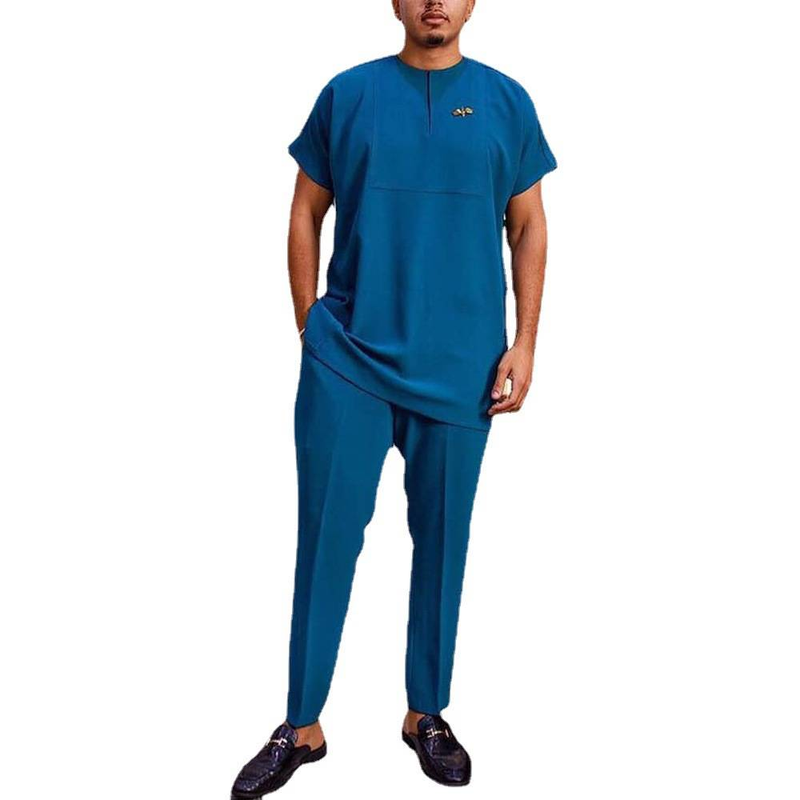 Herrenbekleidung Afrikanischer Ethno-Stil Reine Farbe Einfacher Freizeitanzug für Zuhause und unterwegs_voghion.com