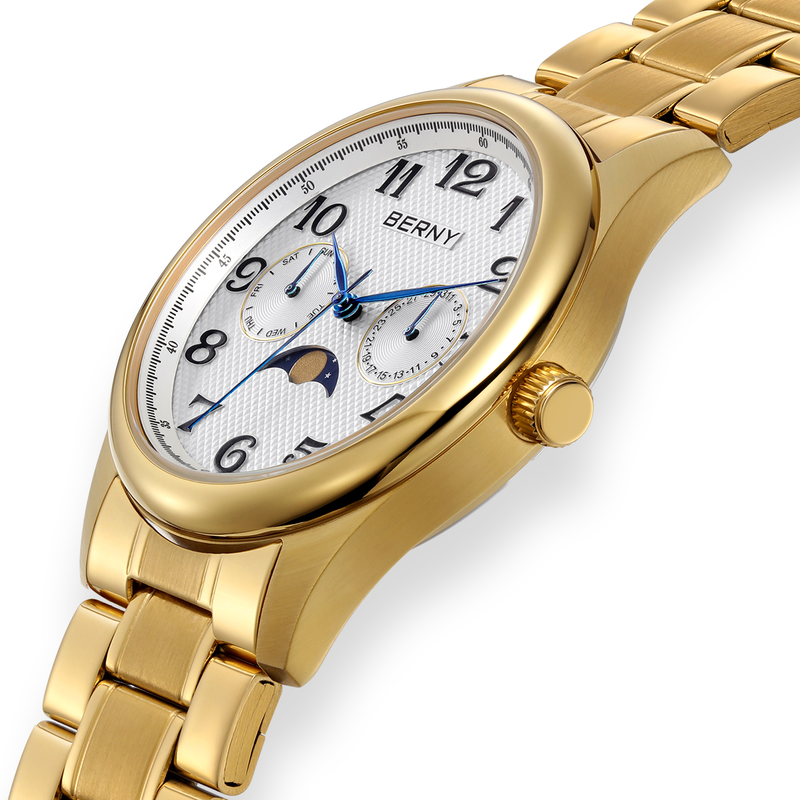 BERNY Watches For Men MultiFunction Analog Quartz Moon Phase Watch With Day Date Stainless Steel Easy To Read Waterproof Dress Men's Wrist Watch_voghion.com