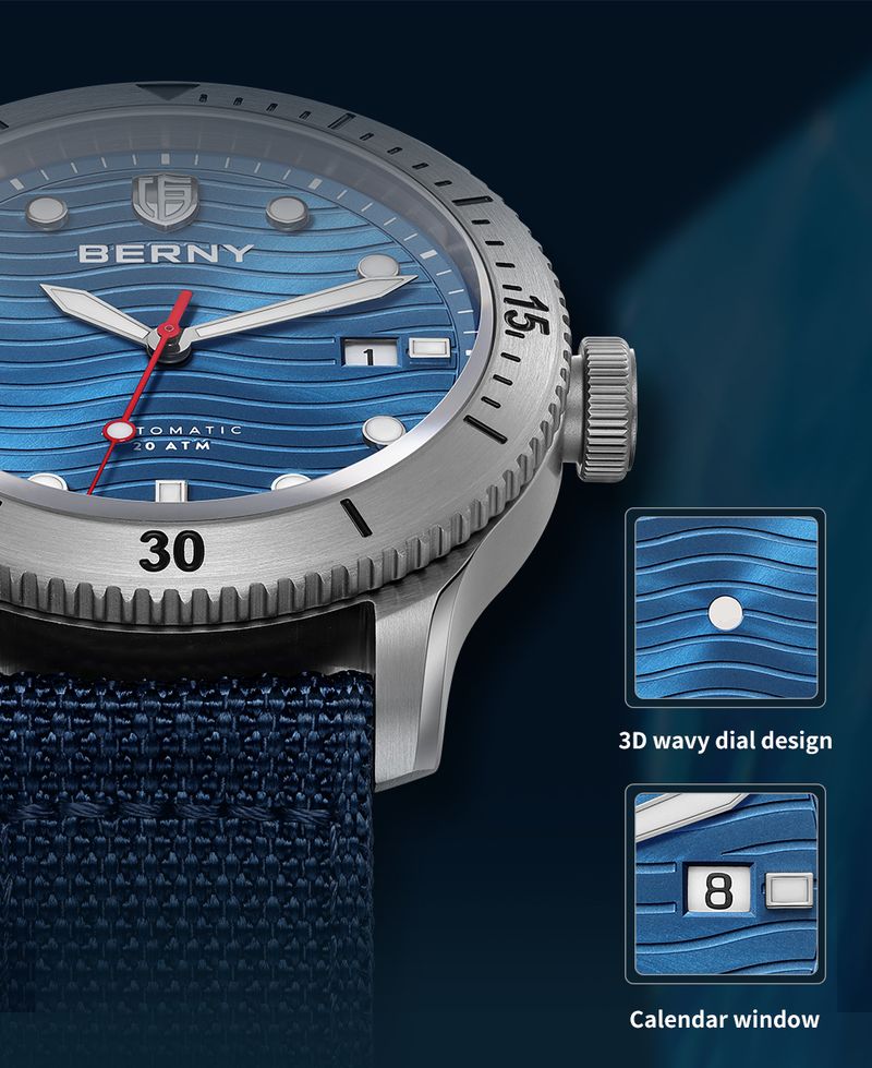 BERNY Automatic Dive Watches For Men 20ATM Waterproof Nylon Strap Analog Mechanical Watch With Date Super Luminous Sapphire Men's Pro Diver Watch_voghion.com