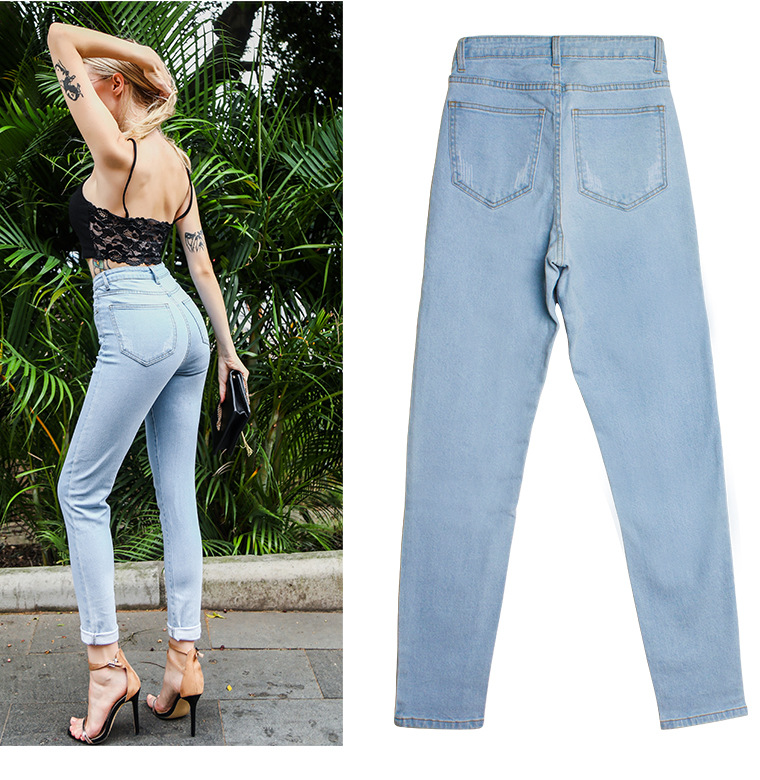 Vêtements pour femmes, pantalon en denim extensible slim taille haute, jean slim délavé de couleur unie_voghion.com