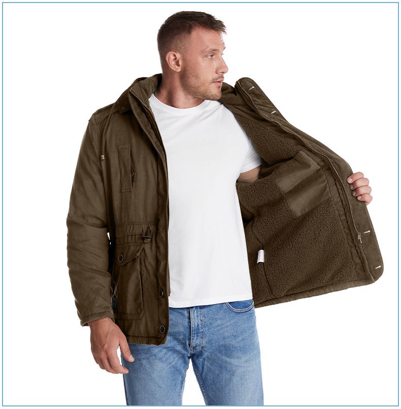Men's Plus Size Shearling Hooded Cotton Jacket Thickened Multi-Pocket Cotton Top Casual Mid-Length Coat_voghion.com