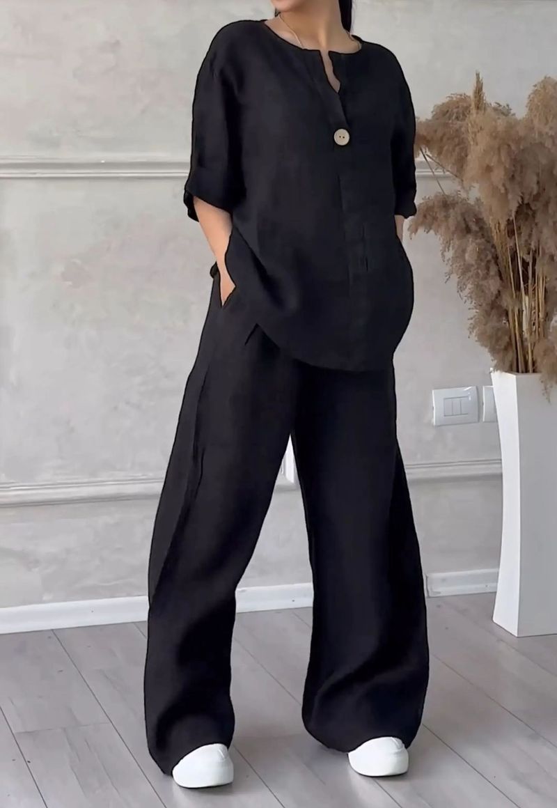 Summer Autumn New Women's 2-Piece Set Plus Size Cotton Linen Shirtsuit Casual Daily High-Waisted Loose-Fit Trousers Set_voghion.com